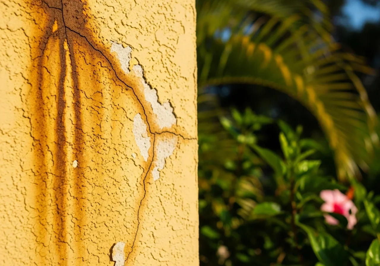 Water intrusion and moisture staining on CBS stucco exterior wall of a Royal Palm Beach Florida home