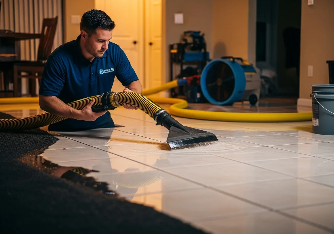 Palm Build technician operating truck-mounted water extraction equipment inside a Royal Palm Beach Florida home with saturated carpet and flooring