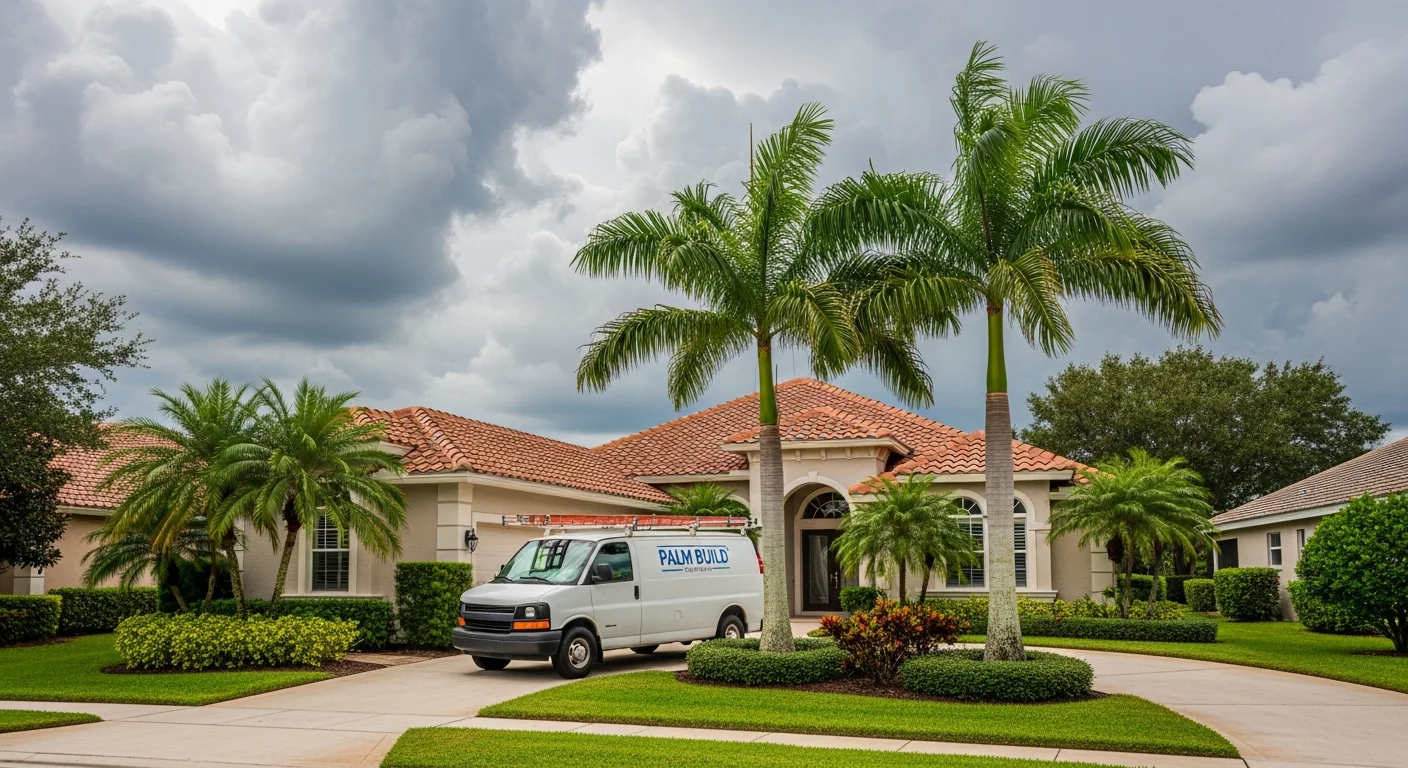 Palm Build restoration van parked at a CBS stucco tile-roof home in a Royal Palm Beach Florida HOA subdivision during a water damage emergency response