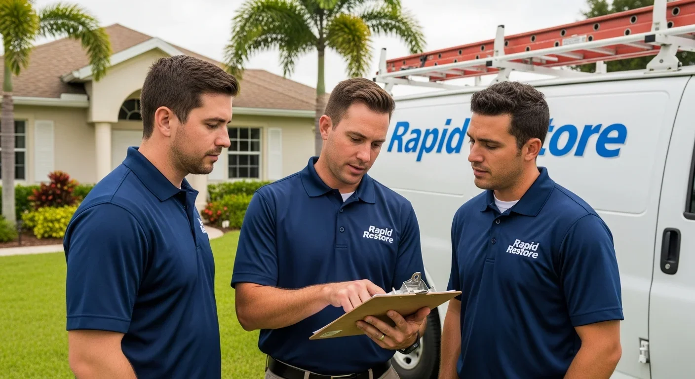 Palm Build water damage restoration team in front of their service vehicle at a Royal Palm Beach Florida project site