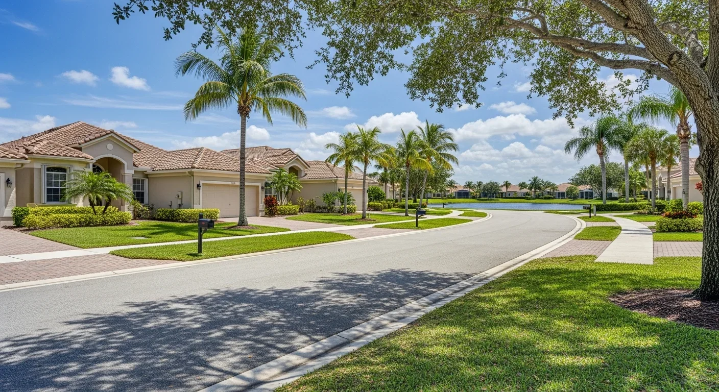 Typical CBS stucco homes in Royal Palm Beach Florida residential neighborhood showing construction style common to restoration projects