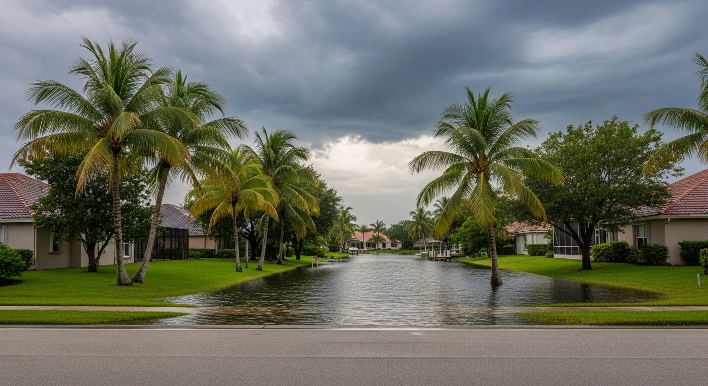 Canal-adjacent street flooding in Royal Palm Beach Florida neighborhood during heavy rain event