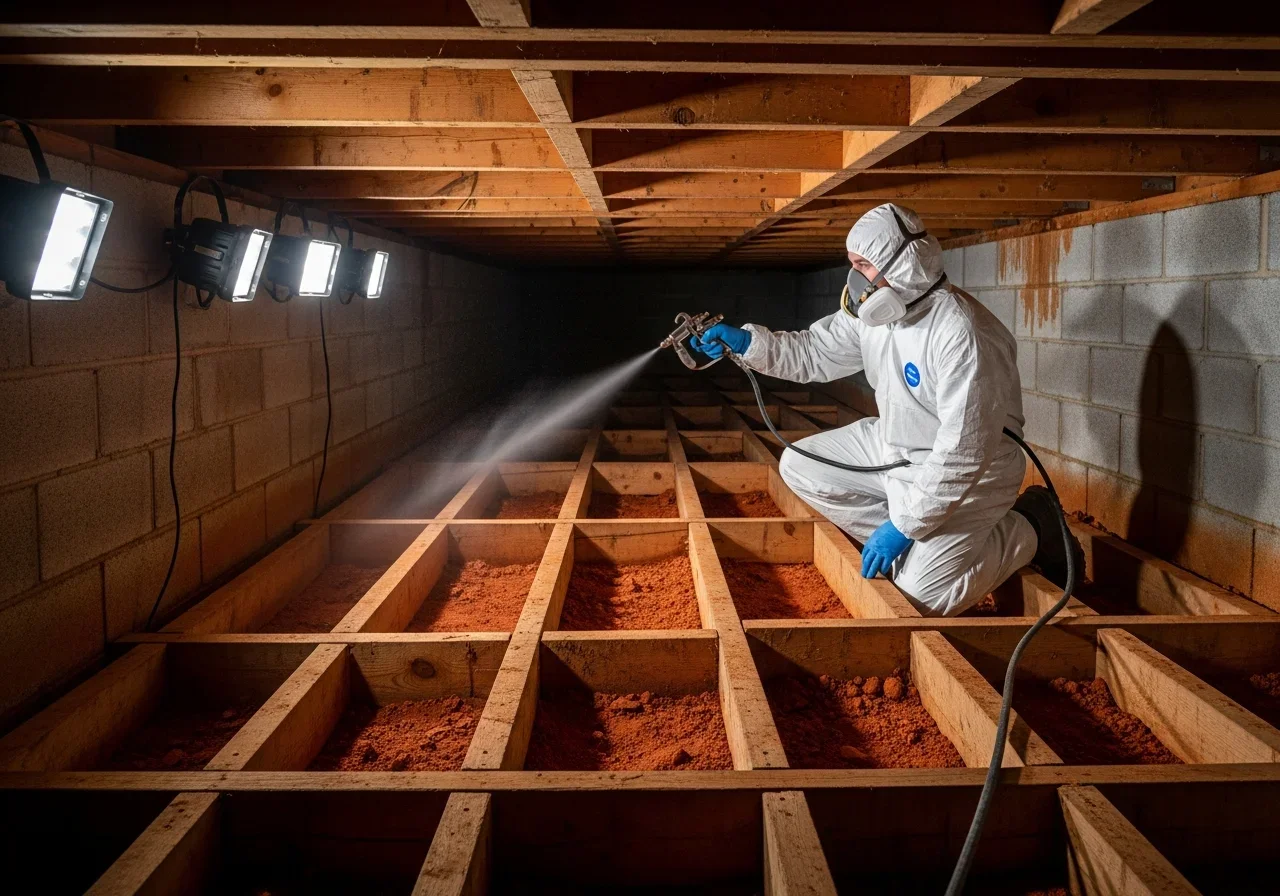 Antimicrobial treatment being applied to crawl space structural elements in Salisbury NC