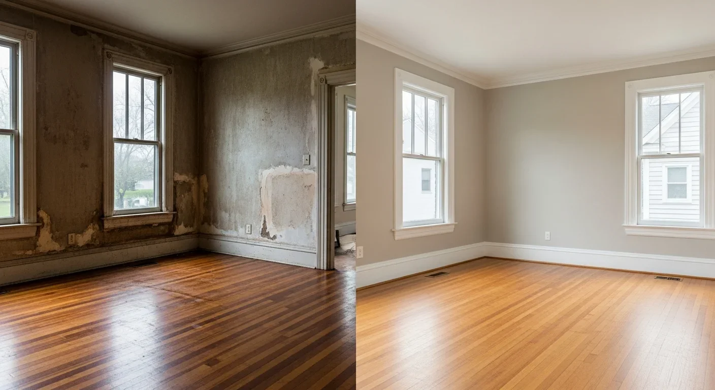 Before and after water damage restoration in a Salisbury NC home showing complete recovery of flooring and walls