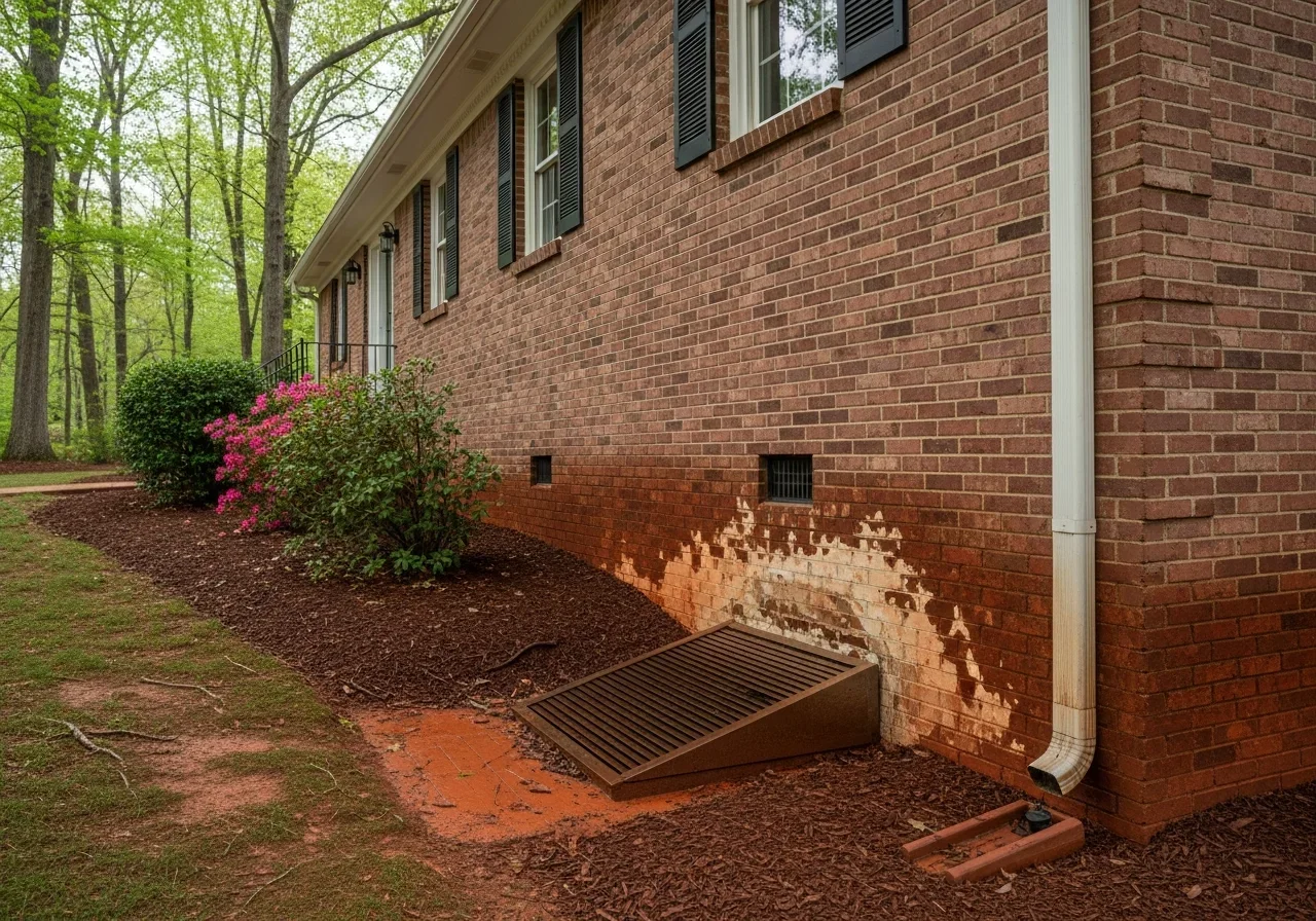 Brick home on Piedmont clay soil in Salisbury NC showing foundation moisture damage from poor drainage