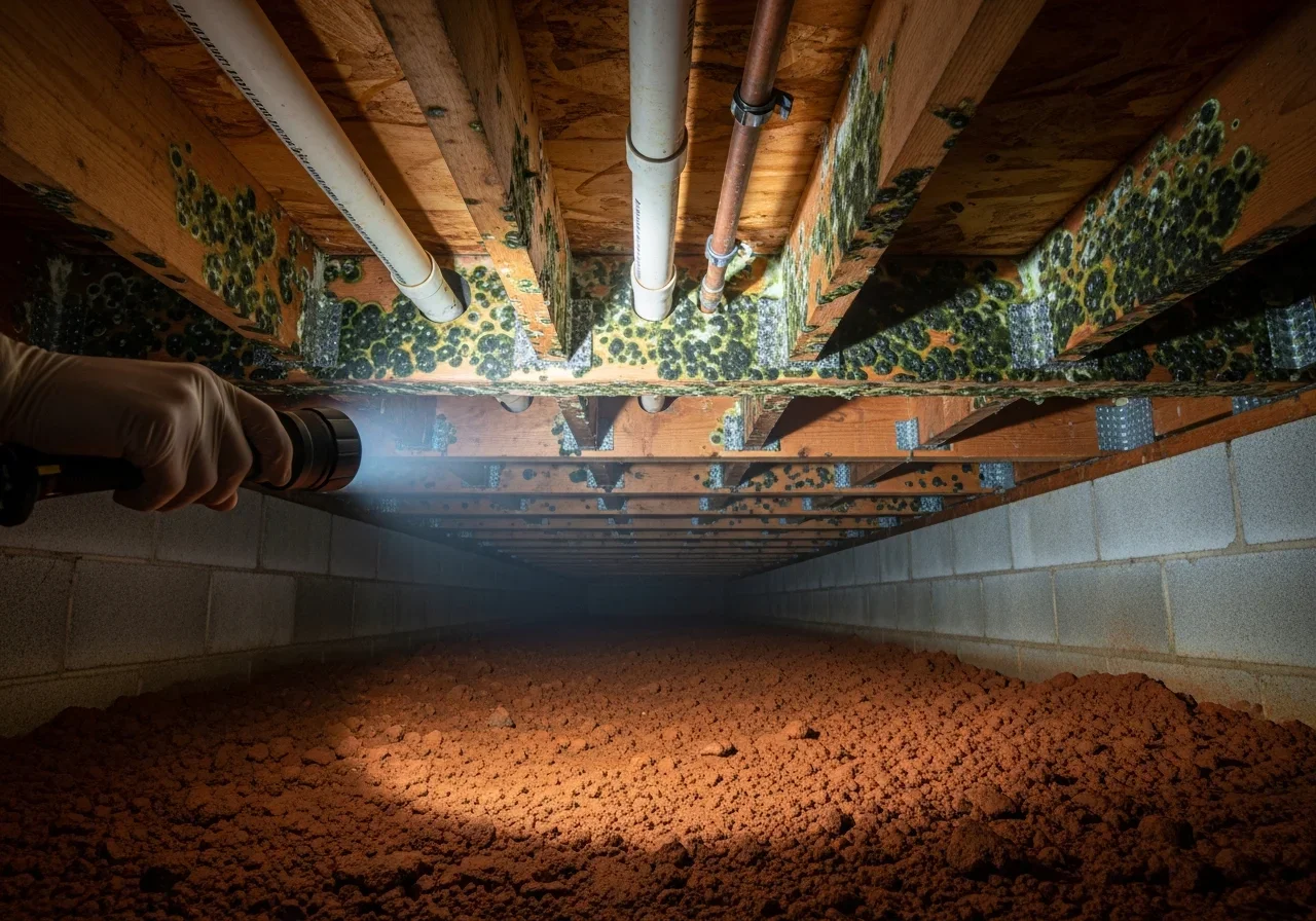 Mold growth on crawl space floor joists in a Salisbury NC home built on Piedmont clay soil