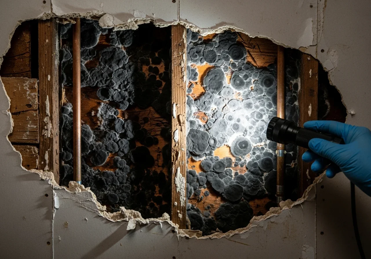 Hidden mold discovered inside wall cavity during renovation in a Salisbury NC home