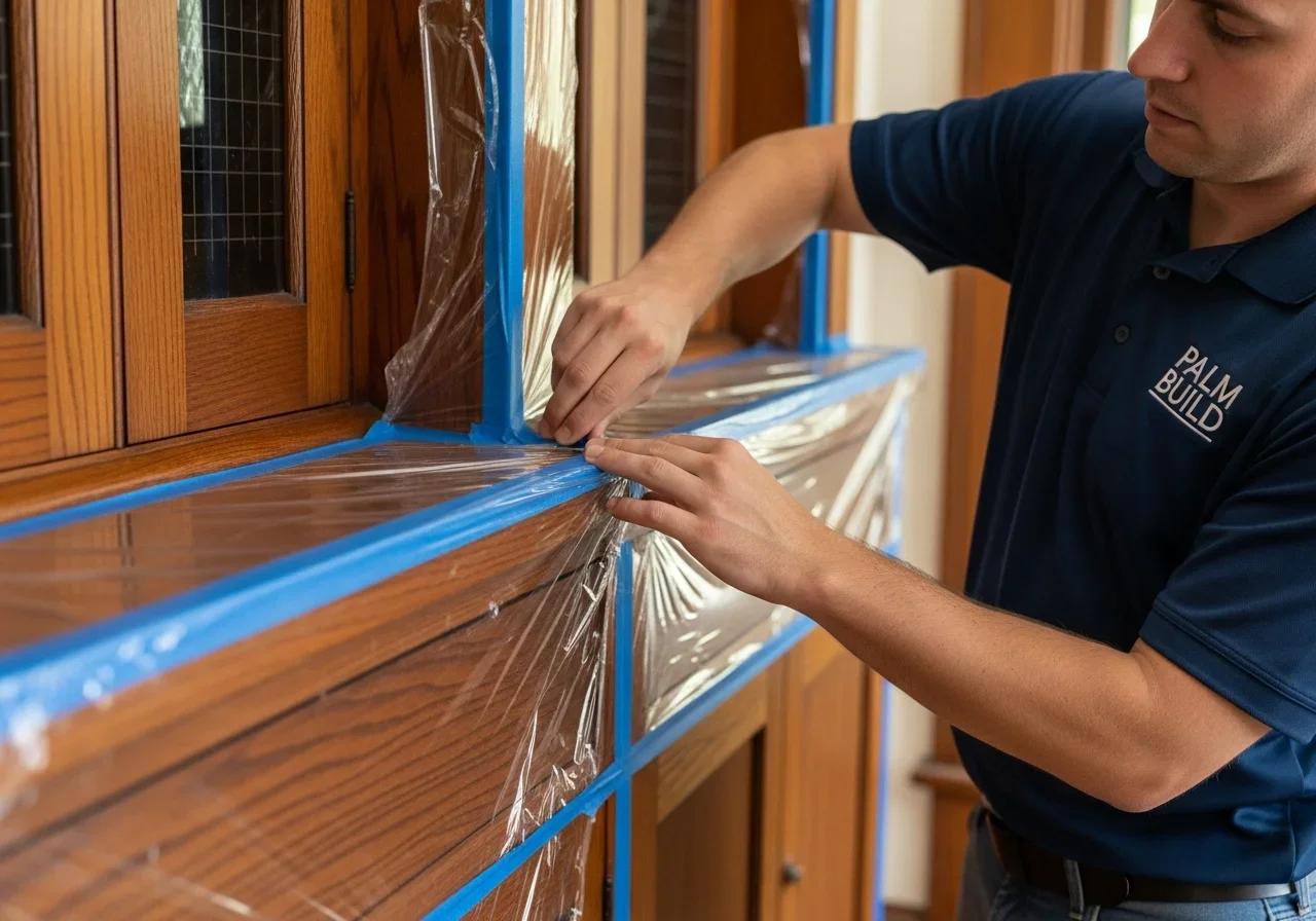 Palm Build technician carefully protecting original trim and millwork during water damage restoration in a Salisbury NC historic home
