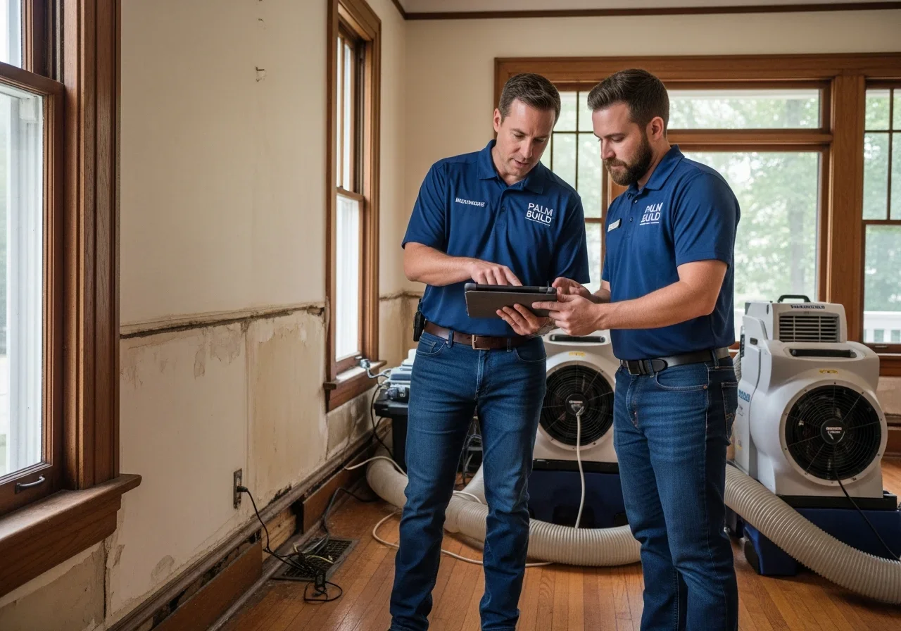 Palm Build technician documenting water damage with moisture meter and camera for insurance claim in a Salisbury NC home