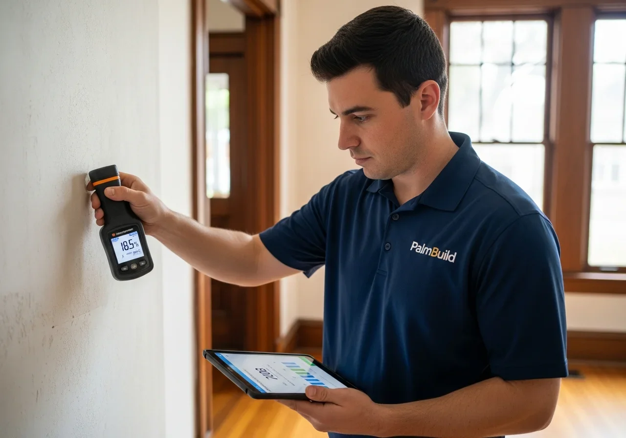 Palm Build technician using a professional moisture meter to inspect wall moisture levels in a Salisbury NC home