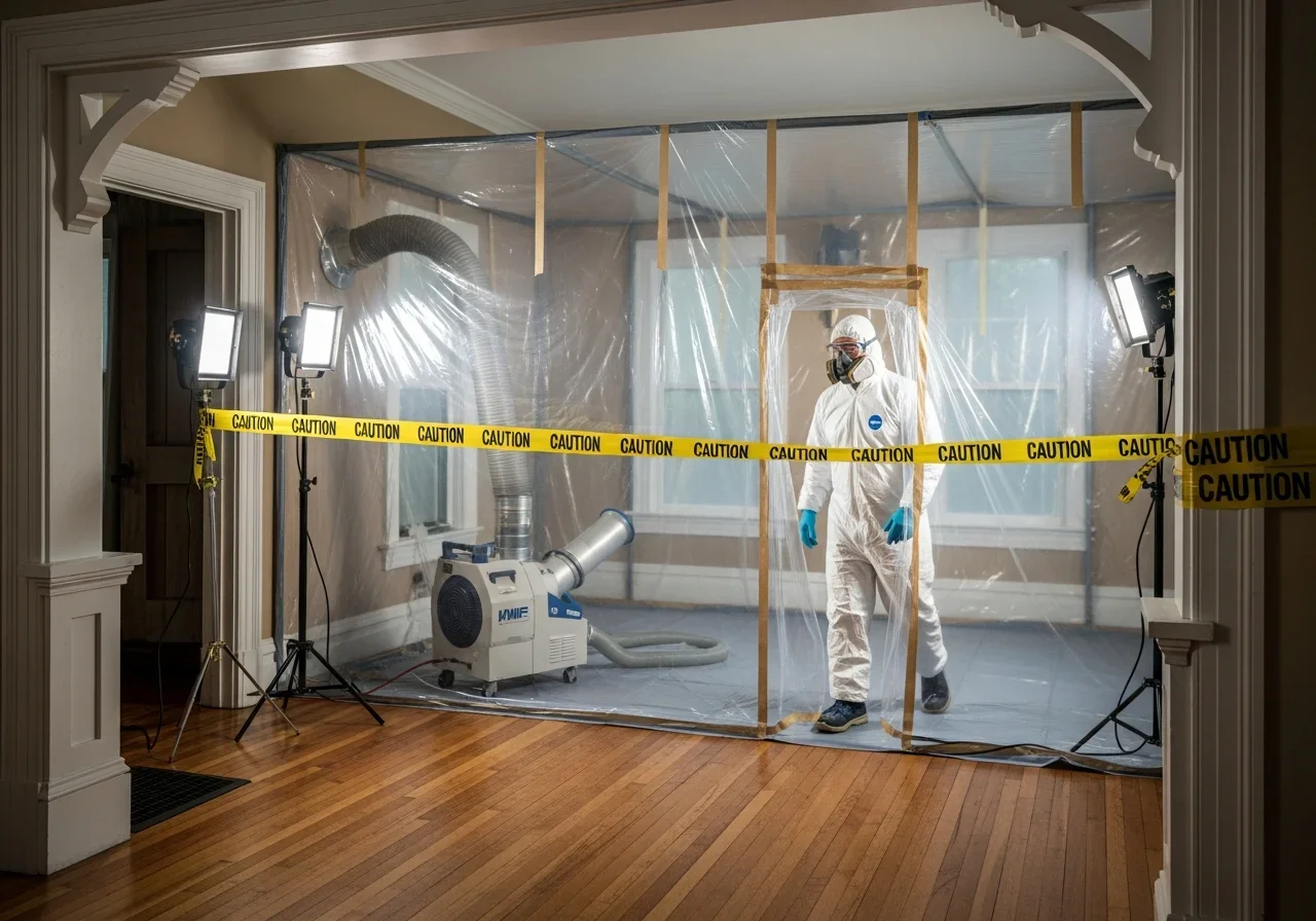Professional mold remediation containment barrier with HEPA air scrubber in a Salisbury NC home