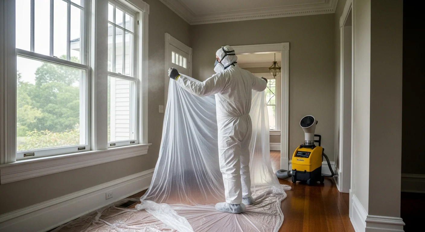 Palm Build mold remediation technician in full PPE setting up containment barriers inside a Salisbury North Carolina historic home with original hardwood and Craftsman trim