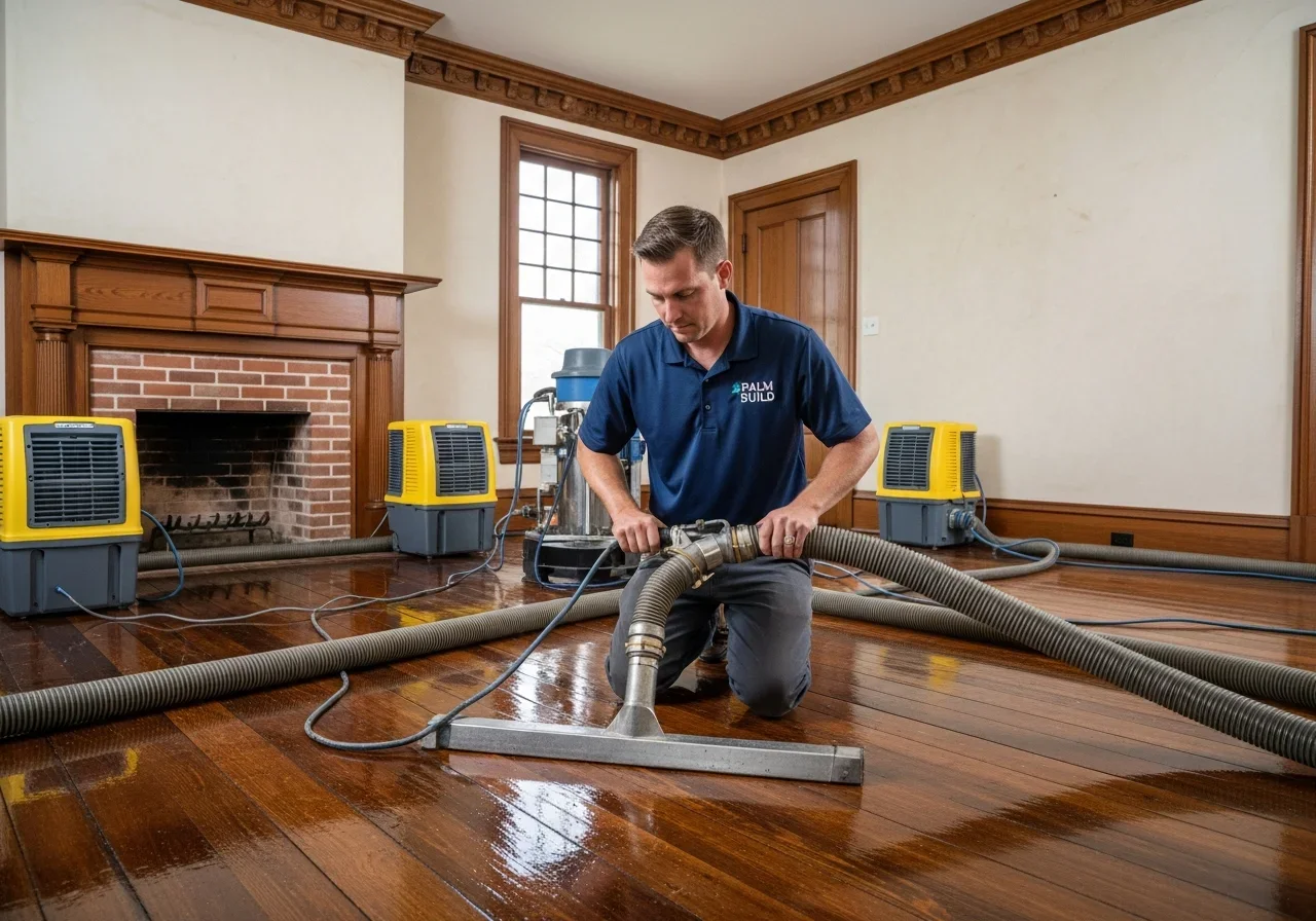 Palm Build technician performing controlled water extraction on original hardwood floors in a Salisbury NC historic home