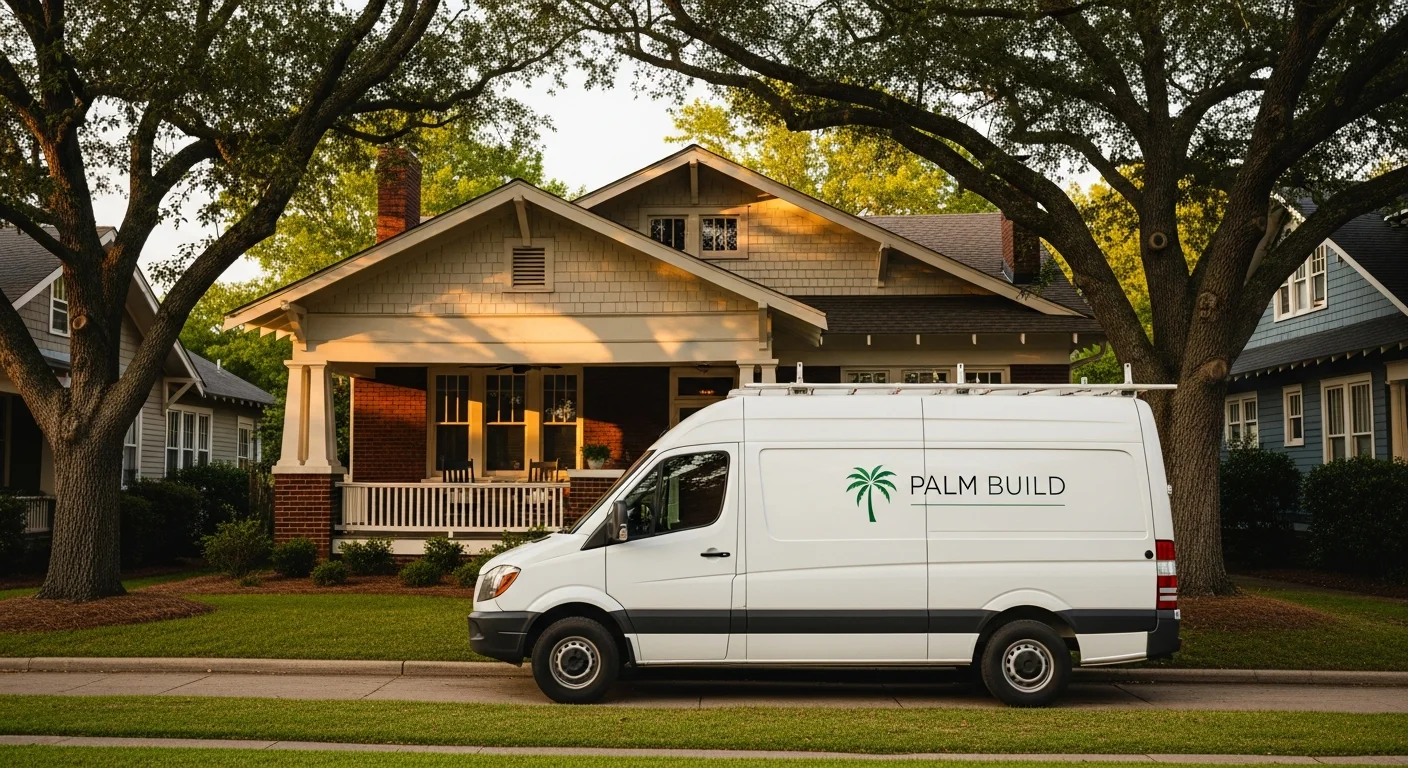 Palm Build restoration truck parked in front of a classic Craftsman-style bungalow in Salisbury North Carolina's historic Fulton Heights neighborhood
