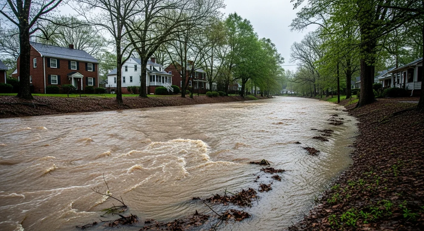 Creek corridor flooding near residential homes in Salisbury NC after heavy rainfall
