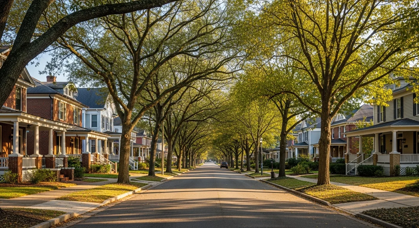 Tree-lined street in Fulton Heights Historic District showing Colonial Revival and Craftsman homes in Salisbury NC