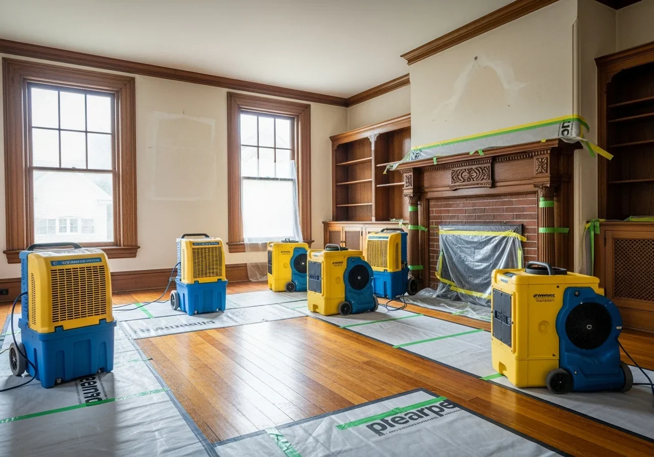 Commercial structural drying equipment set up inside a historic Salisbury NC home with dehumidifiers and air movers