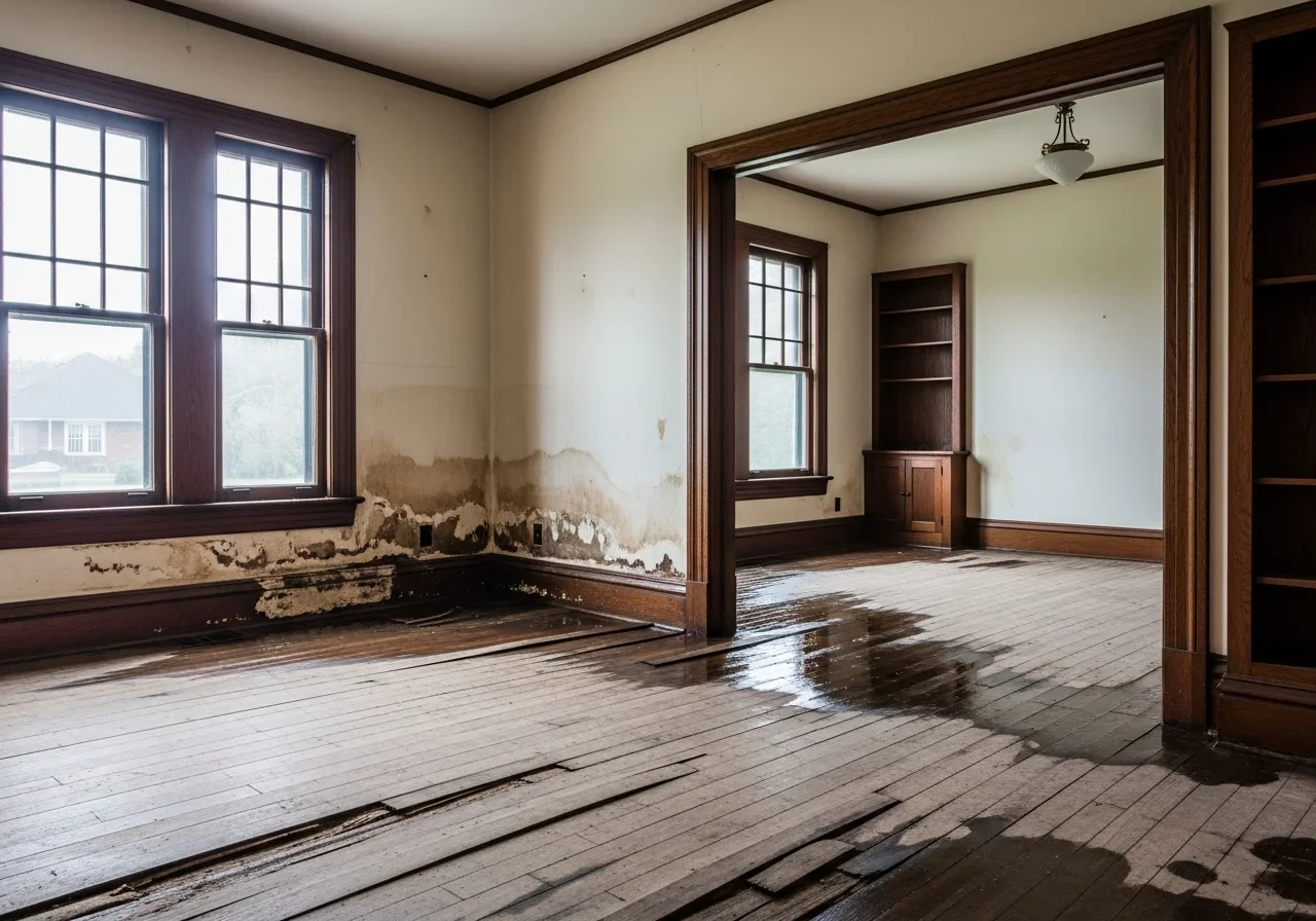 Water damage warping original hardwood floors in a Salisbury NC historic home showing cupping and discoloration