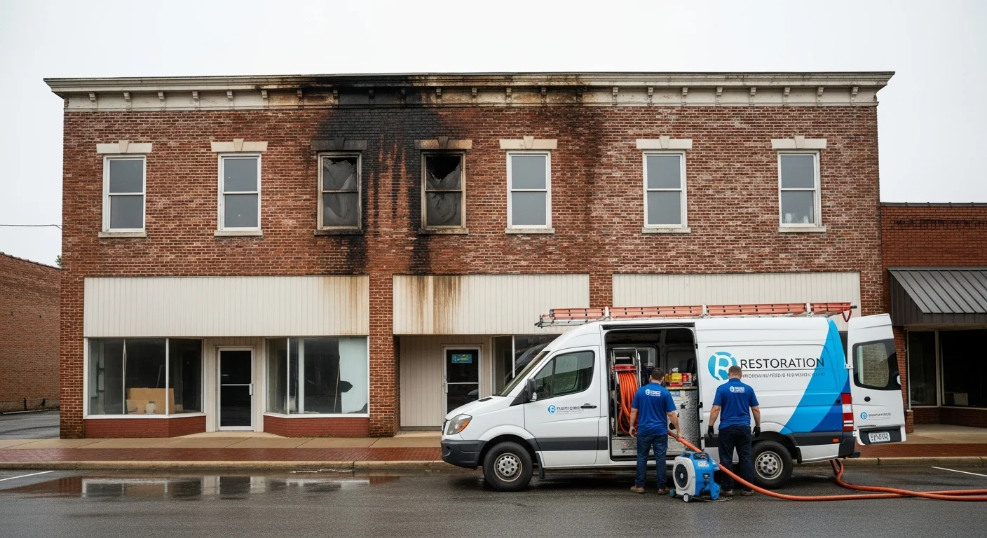 Palm Build commercial restoration team responding to a commercial property loss in Shelby, North Carolina with industrial drying equipment and service vehicles