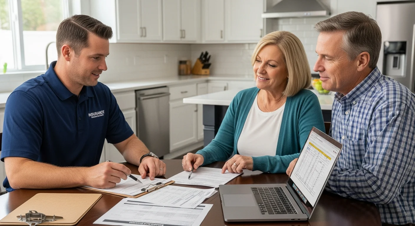 Palm Build restoration consultant reviewing mold remediation documentation and insurance paperwork with a Shelby NC homeowner