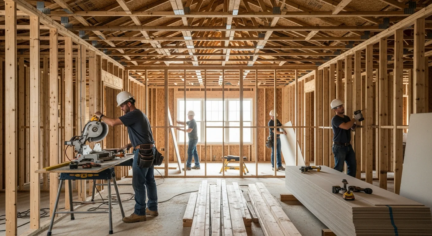Professional reconstruction work in progress at a Shelby NC home with framing and structural repairs visible