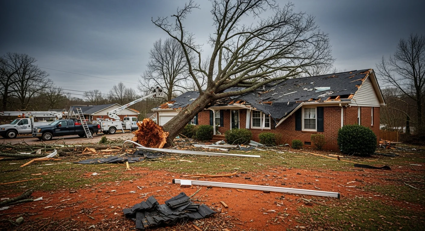 Storm damage to residential properties in Shelby NC showing wind-damaged roofing and fallen tree limbs across a Cleveland County neighborhood