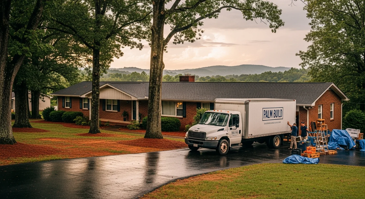 Palm Build restoration team responding to water damage at a Shelby North Carolina brick ranch home with Piedmont red clay soil and foothills visible in background