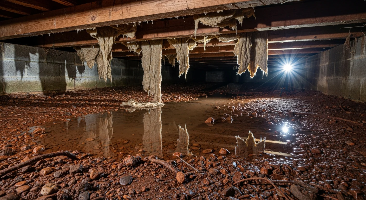 Moisture damage visible on crawl space floor joists beneath a Shelby NC home with Piedmont red clay soil and vented foundation