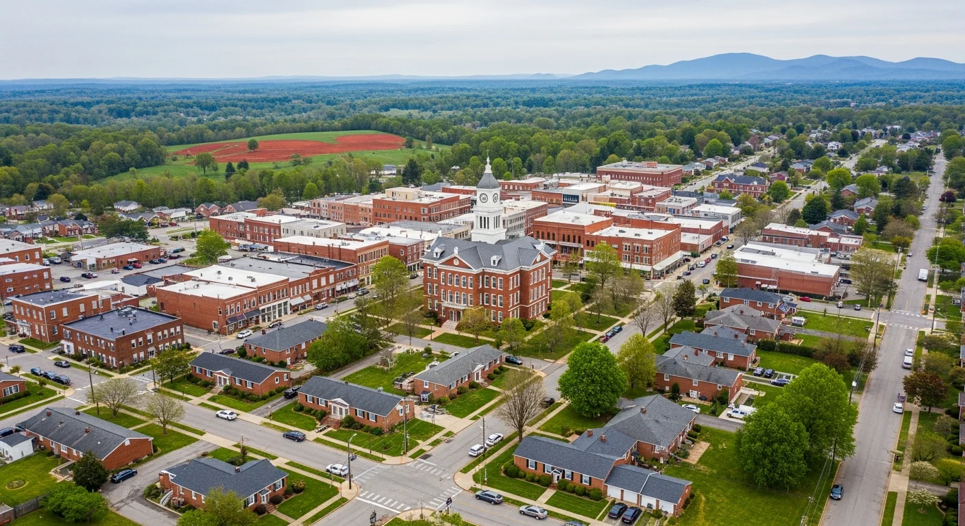 Aerial view of Shelby NC with the Foothills in the background showing the mix of historic and mid-century neighborhoods