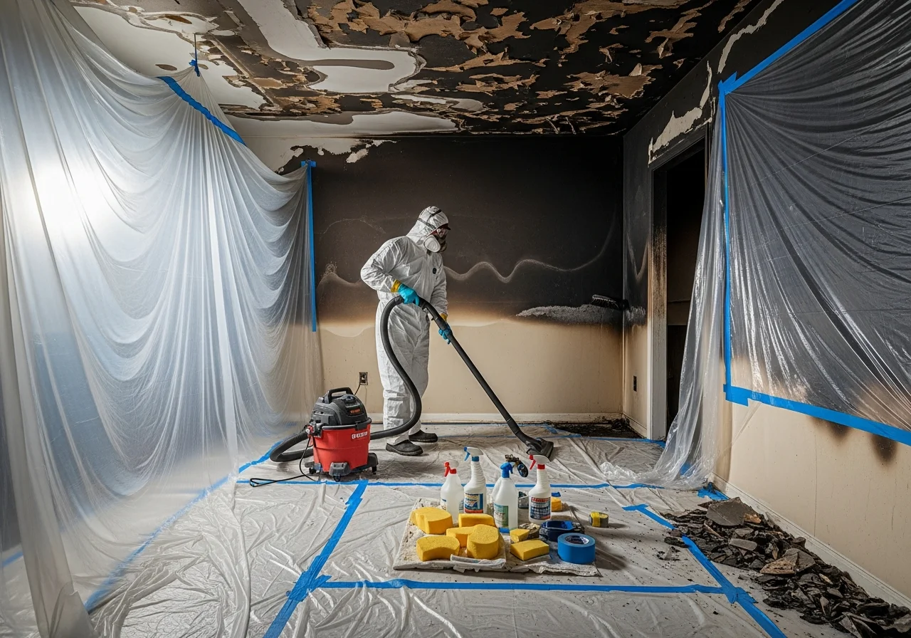 Professional smoke and soot cleanup detail showing restoration techniques used on fire-damaged surfaces in a Shelby NC home