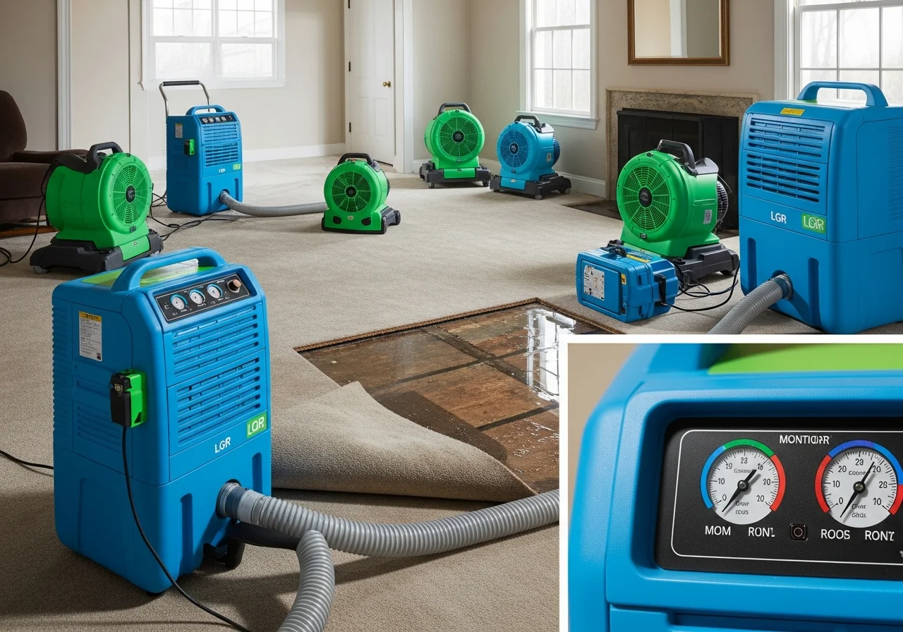 Professional structural drying equipment deployed inside a Shelby NC home during fire suppression water extraction