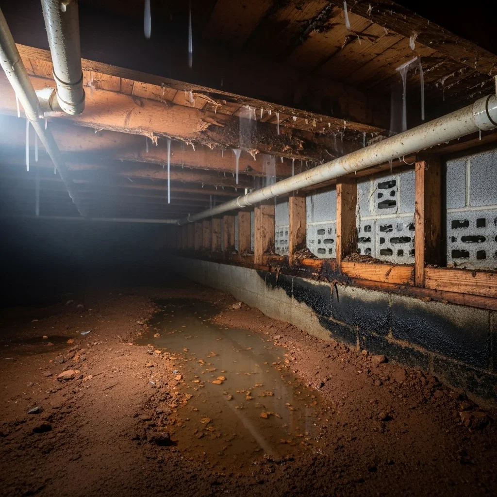 Crawl space mold on floor joists under a Lake Norman area home in Sherrills Ford North Carolina showing dark mold growth on wood framing from chronic humidity and clay soil moisture