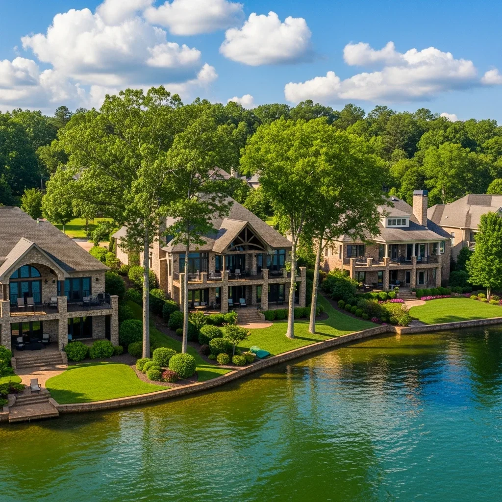 Lake Norman western shore lakefront luxury homes in Sherrills Ford North Carolina showing stone and brick architecture and lake access that creates unique mold vulnerability