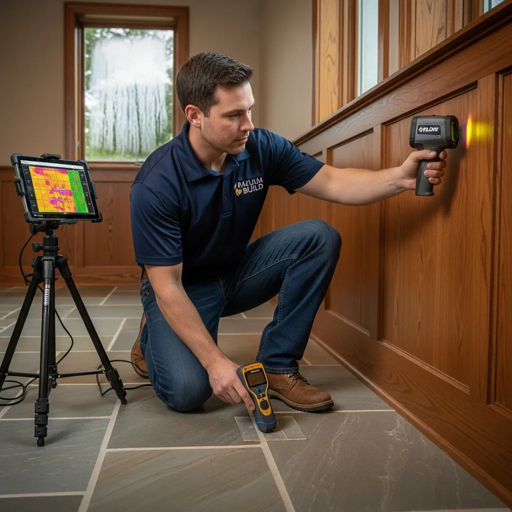 Palm Build technician using thermal imaging camera to locate hidden moisture in Lake Norman area home for IICRC certified mold assessment