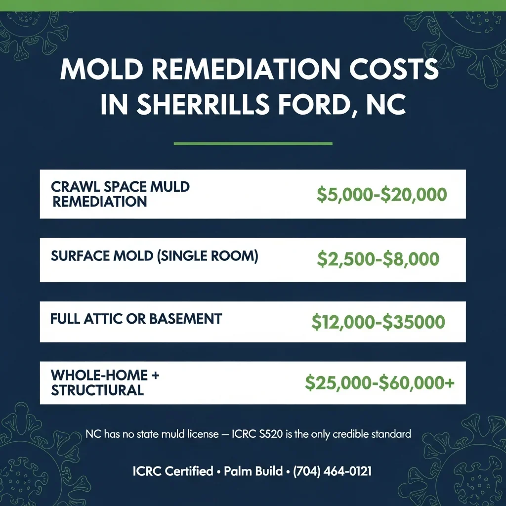 Mold remediation cost ranges for Sherrills Ford North Carolina Lake Norman area homes showing crawl space, surface, attic, and full home remediation costs with IICRC certification note