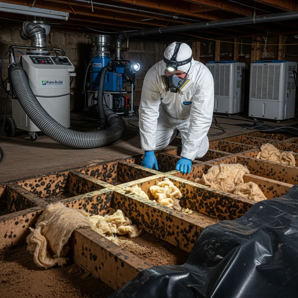 Palm Build mold remediation technician in white Tyvek suit and respirator working in a crawl space under a Lake Norman area home in Sherrills Ford North Carolina with mold visible on floor joists