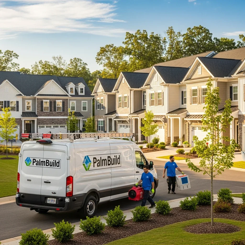 Palm Build restoration van staged at a newer townhome community near Lake Norman in Sherrills Ford North Carolina