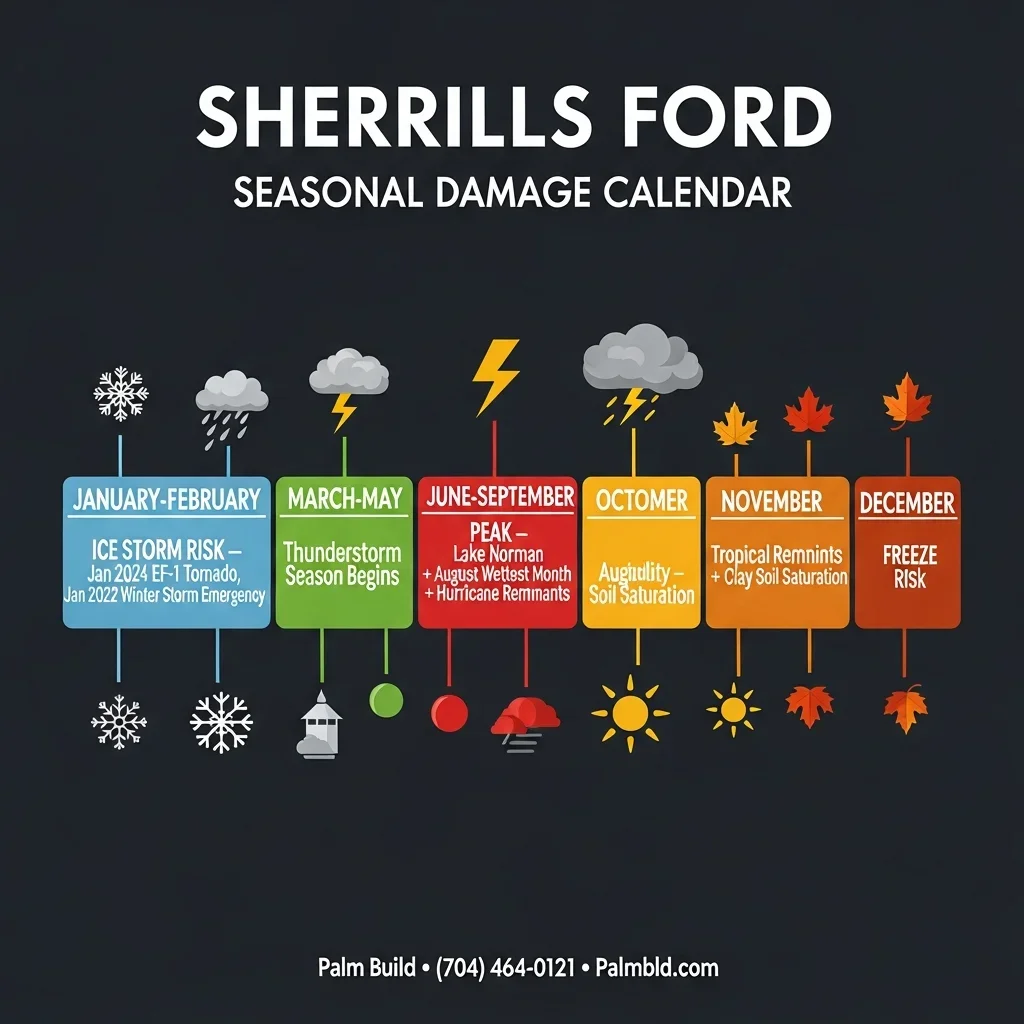 Sherrills Ford North Carolina seasonal water damage calendar showing January tornado risk, summer peak humidity and flooding, August wettest month, and fall tropical remnant storms