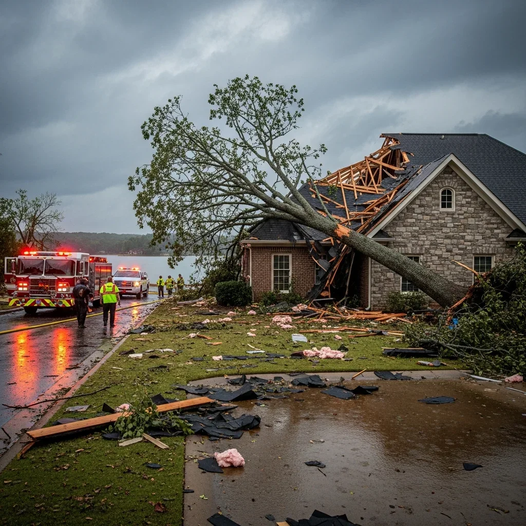 Storm damage to a Lake Norman area home in Sherrills Ford North Carolina after a severe thunderstorm with tree impact on roof