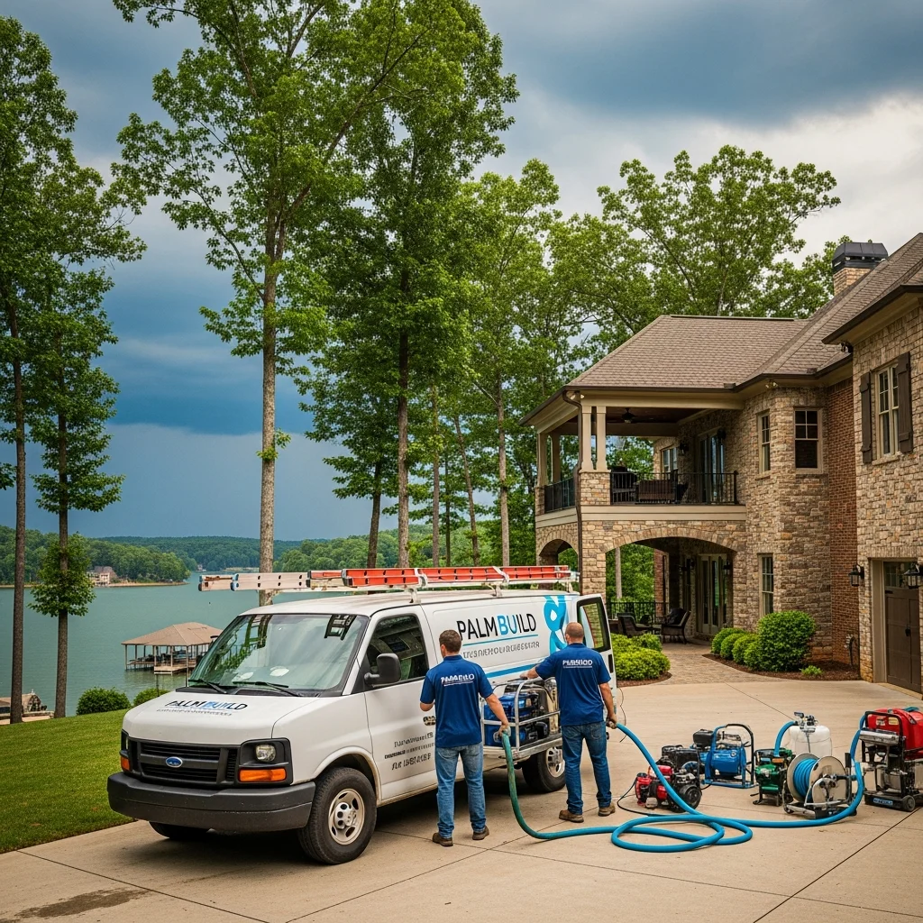 Palm Build white work van in the driveway of a luxury stone and brick lakefront home in Sherrills Ford North Carolina with Lake Norman visible in the background