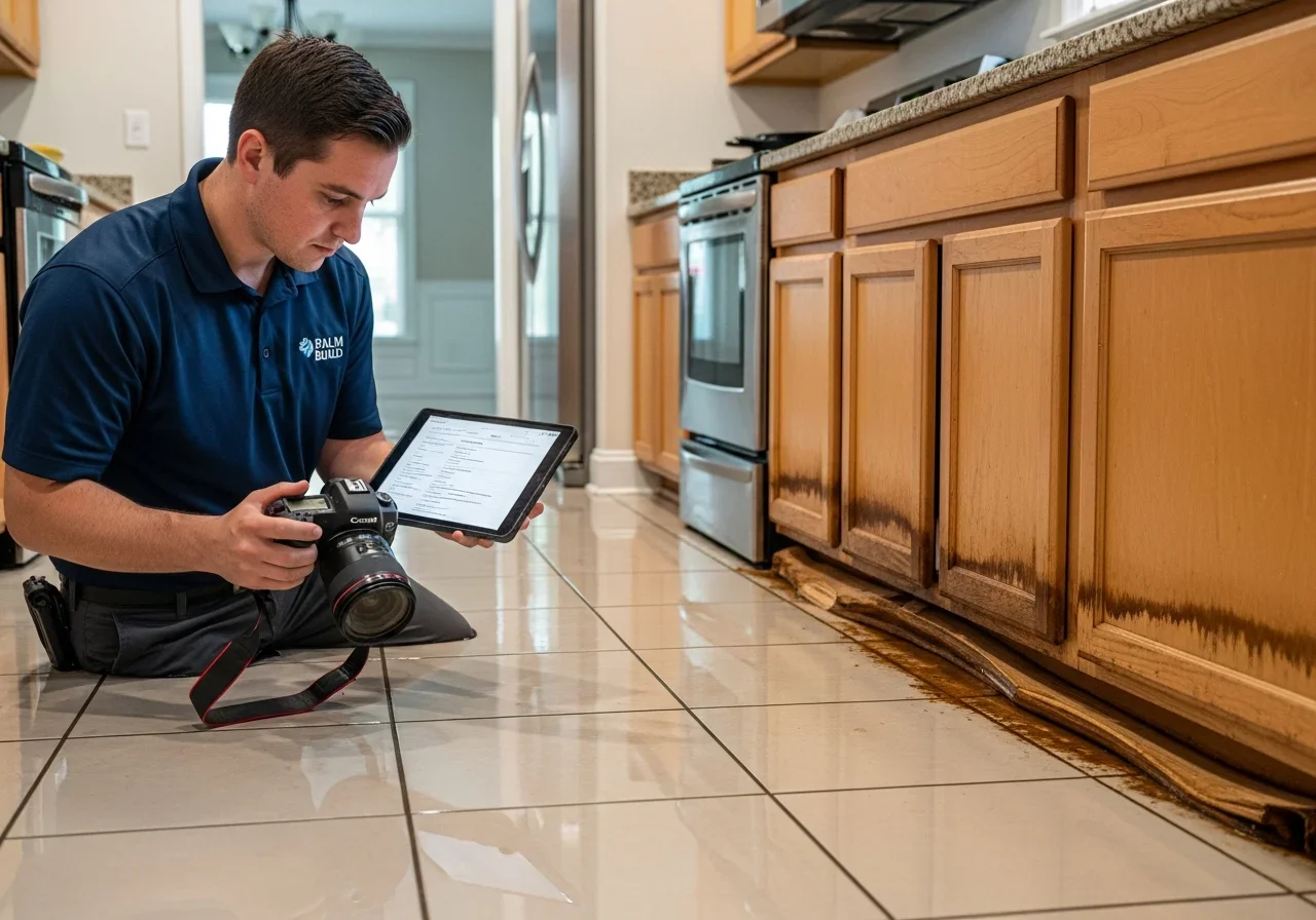 Palm Build technician documenting mold damage for insurance claim in a Spartanburg SC home with moisture mapping equipment