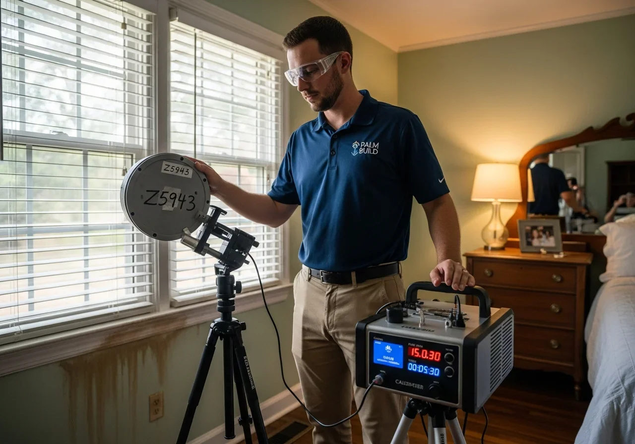Palm Build technician performing post-remediation air quality testing in a Spartanburg SC home to verify mold clearance