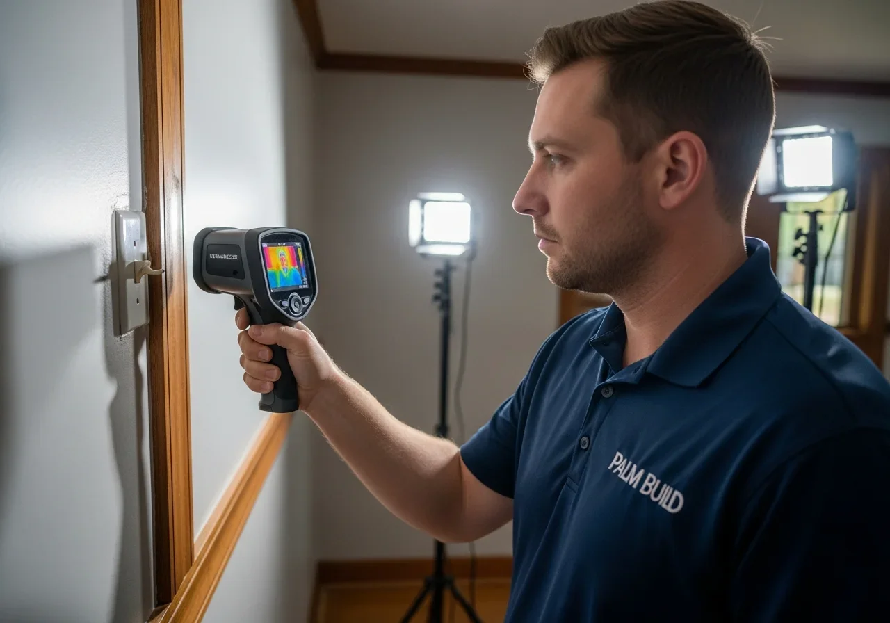 Palm Build technician using infrared thermal imaging to detect hidden moisture sources during mold inspection in a Spartanburg SC home