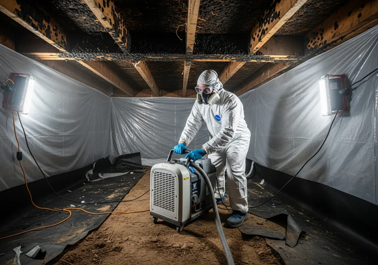Palm Build technician performing crawl space mold remediation beneath a Spartanburg SC home with containment barriers and HEPA filtration