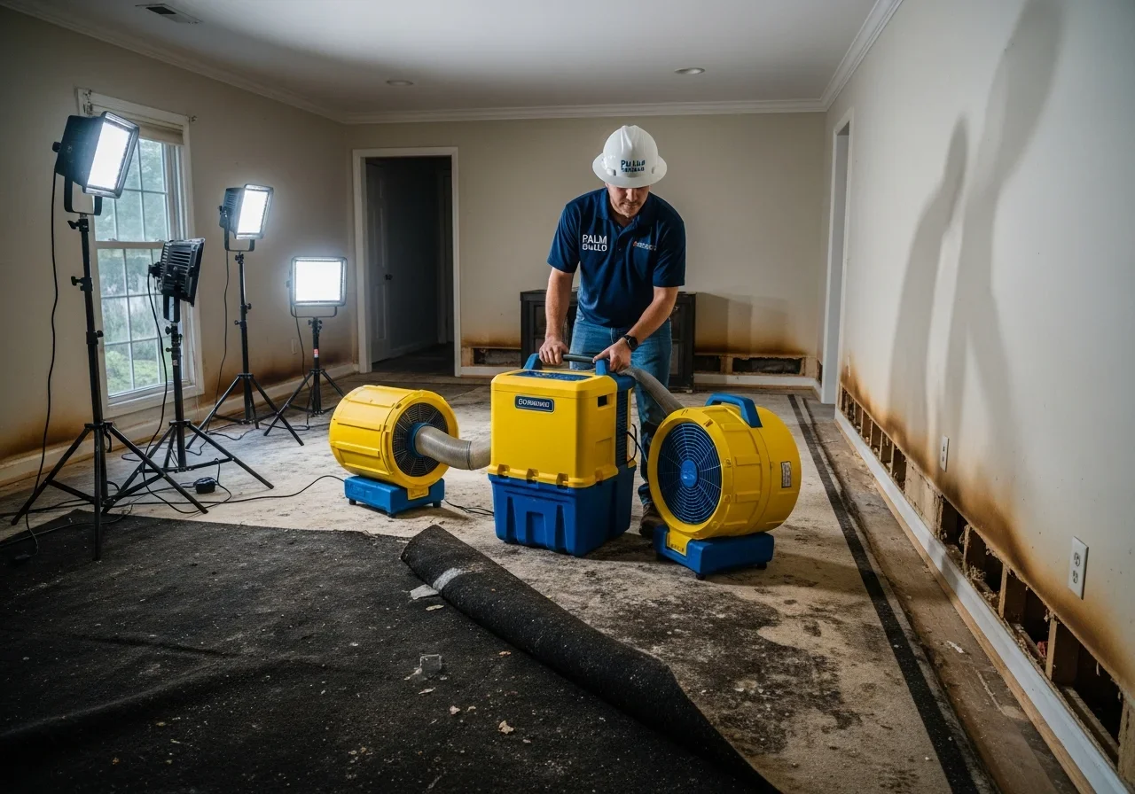 Palm Build technician monitoring structural drying equipment in a Spartanburg SC home with commercial dehumidifiers and air movers deployed across the affected space