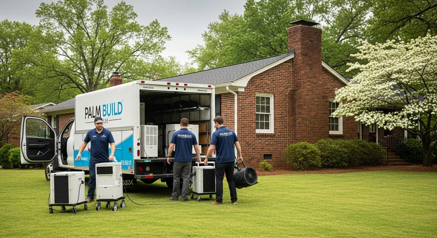 Palm Build restoration team setting up commercial drying equipment at a Spartanburg SC Hillbrook neighborhood brick ranch home during a water damage emergency response