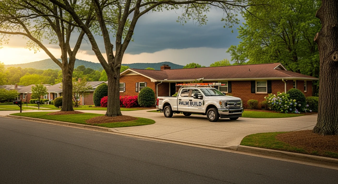 Palm Build restoration truck parked at a brick veneer ranch home in Spartanburg, South Carolina with storm clouds building over the Piedmont foothills