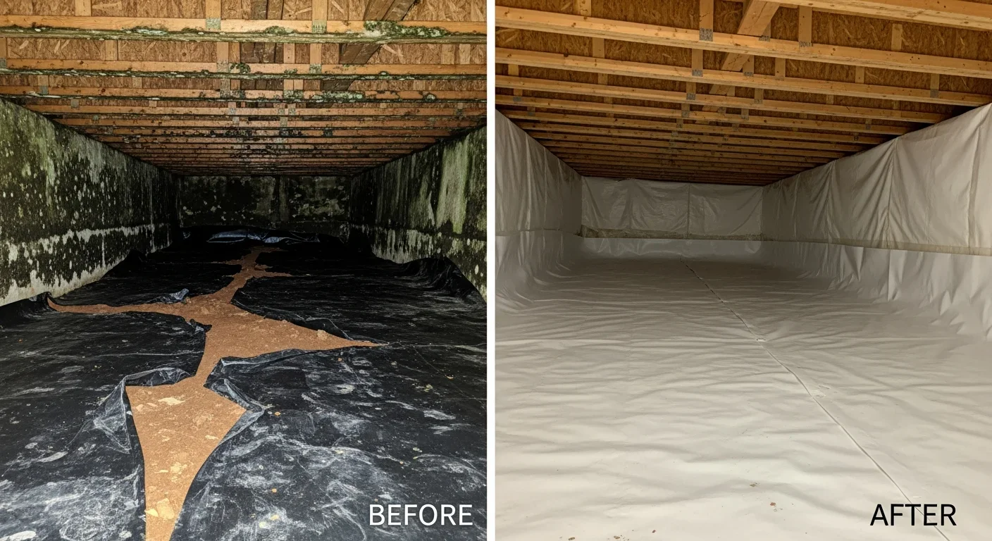 Before and after crawl space mold remediation in a Spartanburg SC home showing contaminated joists and completed encapsulation
