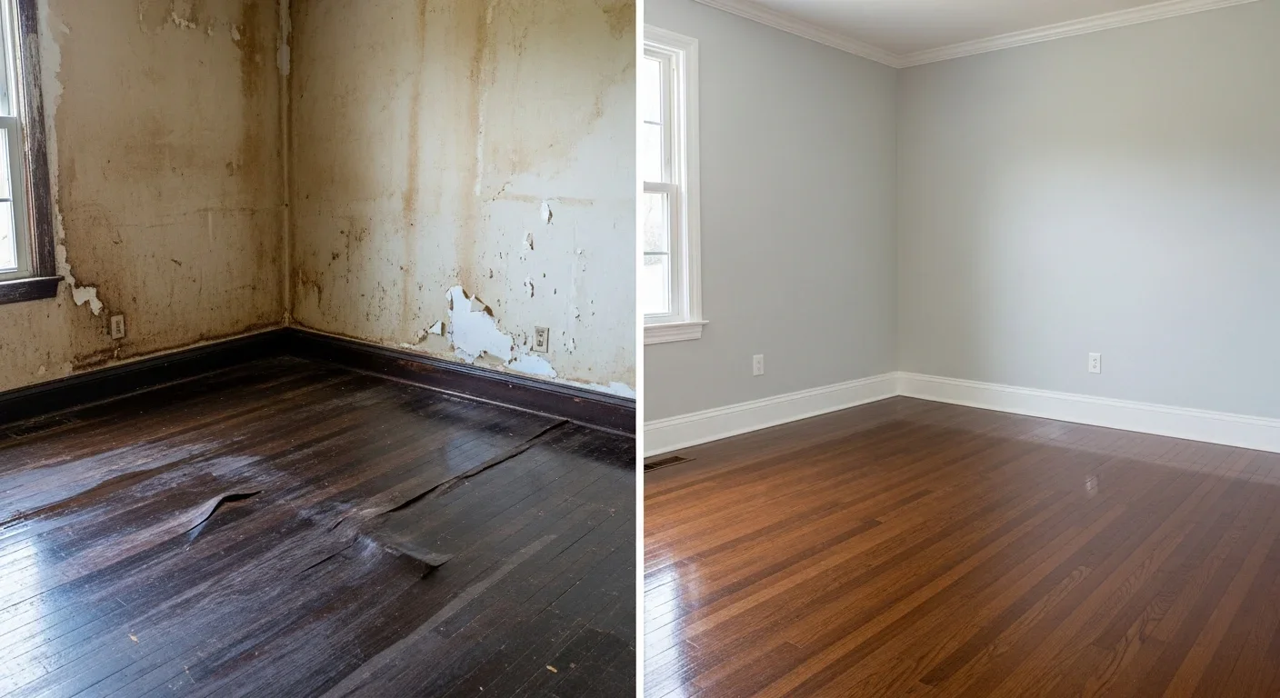 Before and after comparison of water damage restoration in a Spartanburg SC home showing the complete restoration process from water-damaged rooms to fully restored living space