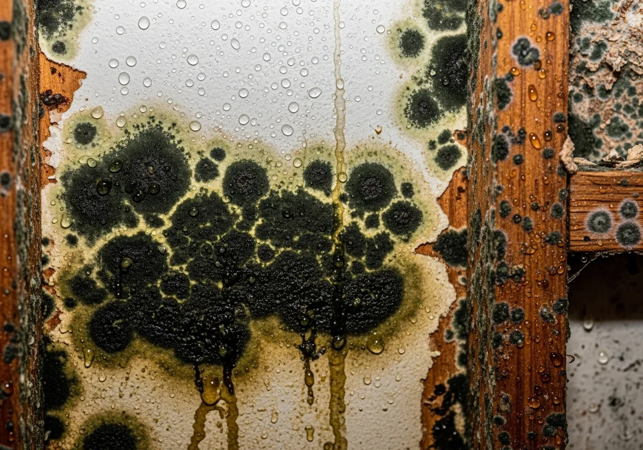 Black mold growth detail on interior wall surface in a Spartanburg SC home showing active colonization from persistent moisture